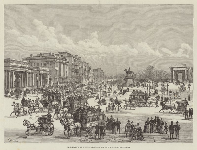 Hyde Park-Cornerin parannukset ja uusi Wellingtonin patsas tekijältä Frank Watkins