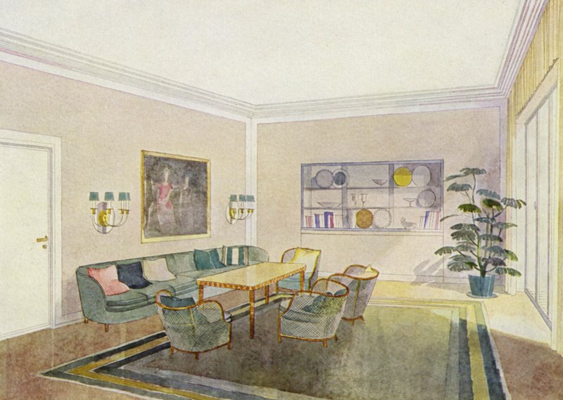 1930-luvun sisätilat: vastaanottohuone (väri litho) tekijältä Frans Arnold Breuhaus de Groot