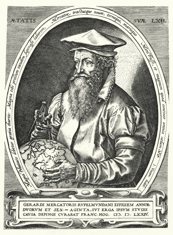 Gerardus Mercator, flaamilainen kartografi, maantieteilijä ja kosmografi (kaiverrus) tekijältä Franz (after) Hogenberg