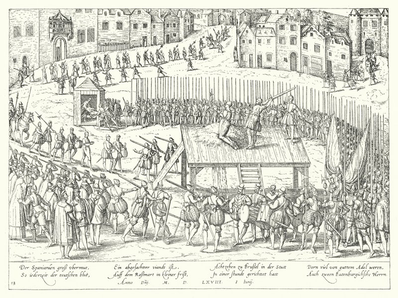 Kreivi Egmontin ja Hornin teloitus Brysselissä 1568 tekijältä Franz Hogenberg