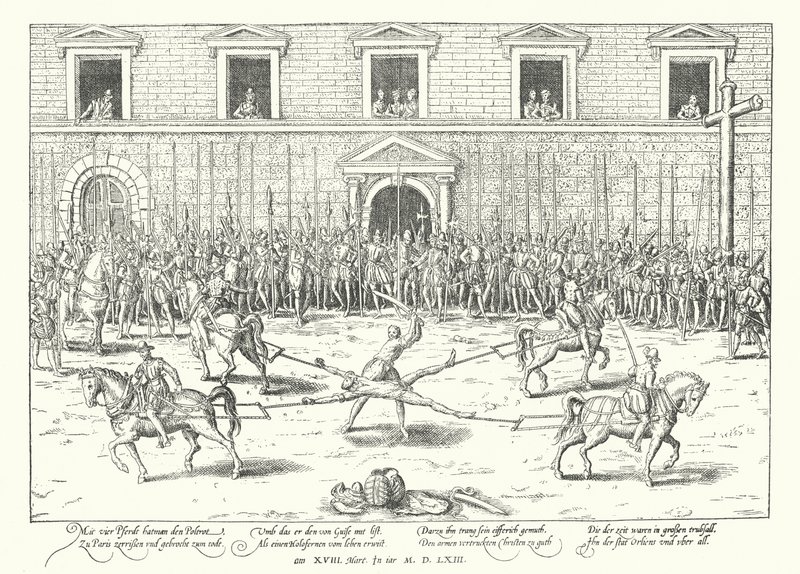 Jean de Poltrotin teloitus Guisen herttua Franciscuksen murhasta, Pariisi, 1563 tekijältä Franz Hogenberg