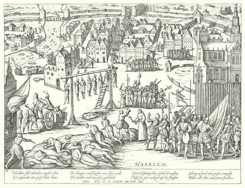 Espanjalaisten suorittamat joukkoteloitukset Haarlemissa, Alankomaissa, 1573 tekijältä Franz Hogenberg