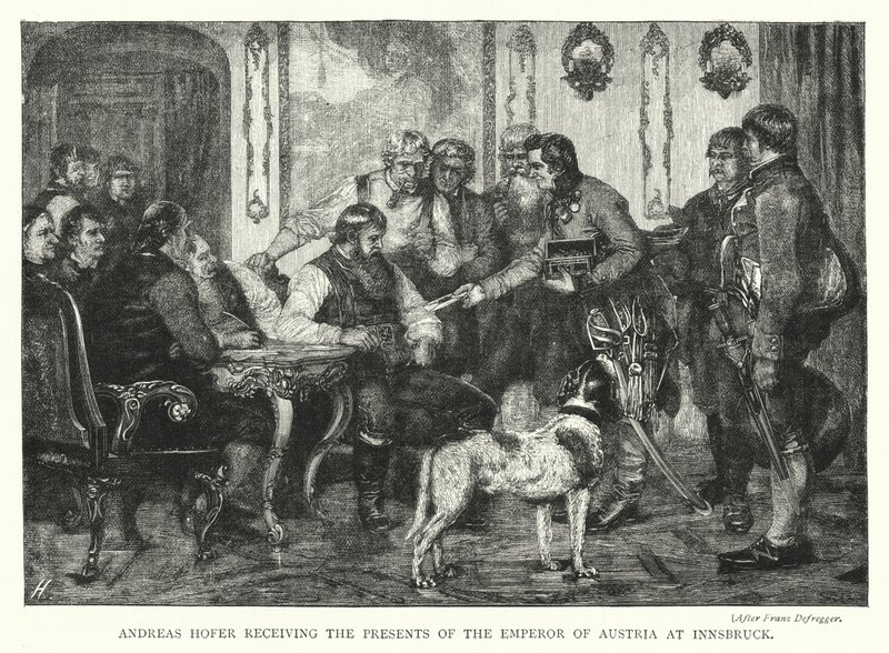 Andreas Hofer vastaanottamassa Itävallan keisarin lahjat Innsbruckissa (kaiverrus) tekijältä Franz von (after) Defregger