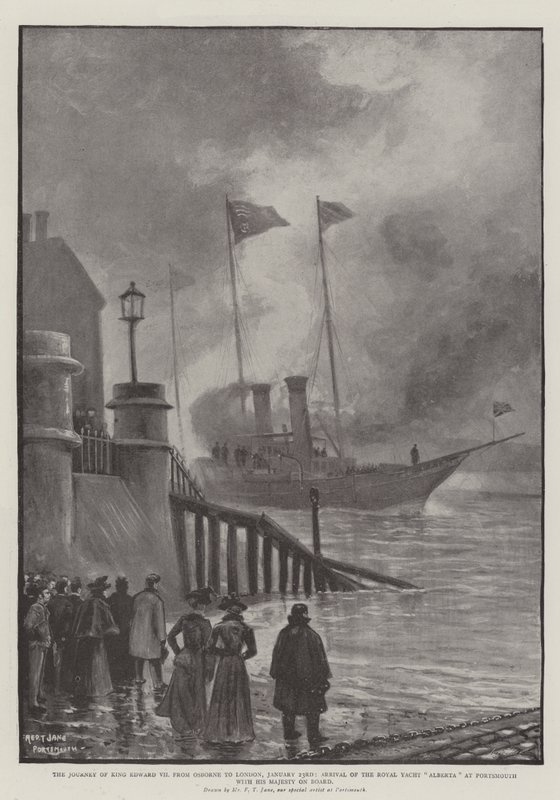 Kuningas Edward VII:n matka Osbornessa Lontooseen, 23. tammikuuta, Royal Yacht Alberta saapuu Portsmouthiin Hänen Majesteettinsa kanssa tekijältä Fred T. Jane