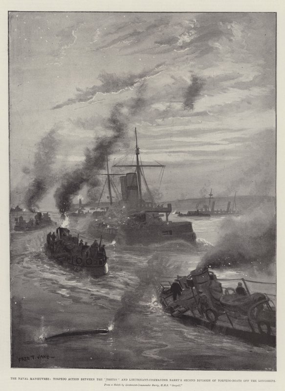 Merivoimien liikkeet, torpedotoiminta Thetisin ja komentajaluutnantti Barryn toisen torpedoveneosaston välillä pitkälaivoilla tekijältä Fred T. Jane