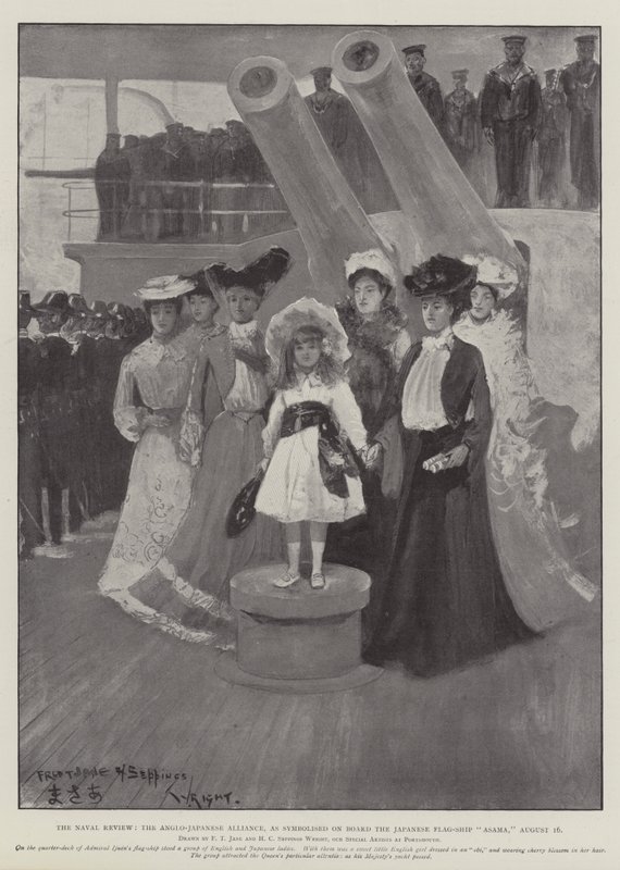 The Naval Review, englantilais-japanilainen liittouma, sellaisena kuin se on kuvattuna Japanin lippulaiva Asaman aluksella, 16. elokuuta. tekijältä Fred T. Jane