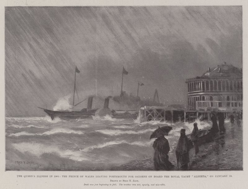 Kuningattaren sairaus vuonna 1901, Walesin prinssi lähti Portsmouthista Osborneen Royal Yacht Albertalla 19. tammikuuta tekijältä Fred T. Jane