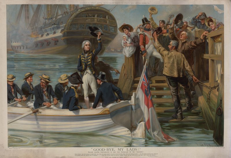 Nelson lähtee Portsmouthista purjehtiakseen Trafalgarille on the Victory (chromolitho) tekijältä Fred Roe