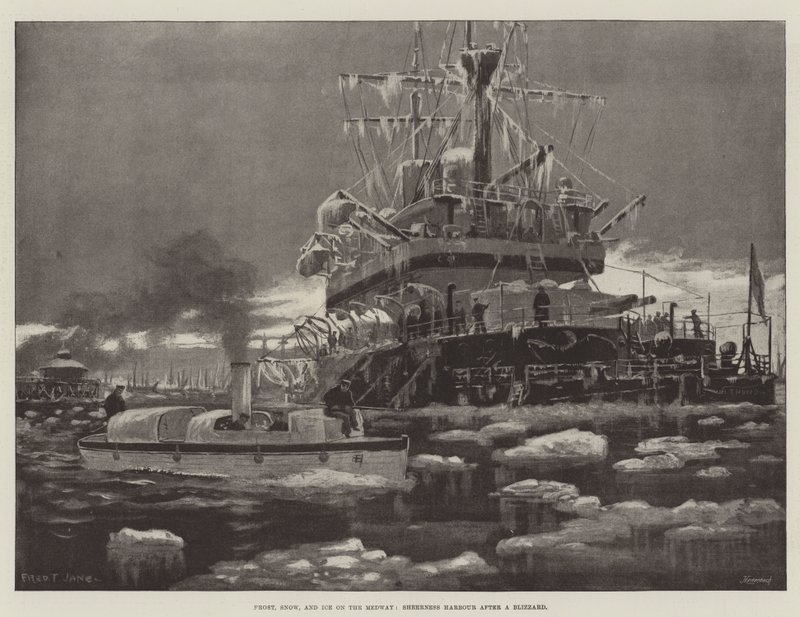 Pakkasta, lunta ja jäätä Medwaylla, Sheerness Harbor myrskyn jälkeen tekijältä Fred T. Jane
