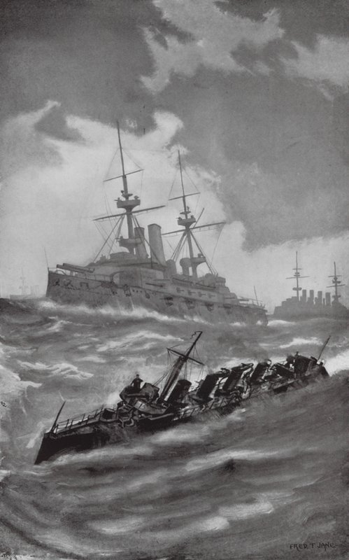 HMS Mars, Terrible ja Dragon risteilemässä Englannin kanaalissa (litografia). tekijältä Fred T. Jane