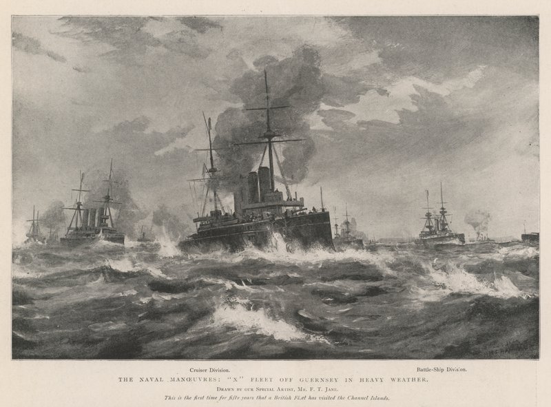 Naval Maneuvres, X Fleet Guernseyn edustalla kovassa säässä tekijältä Fred T. Jane