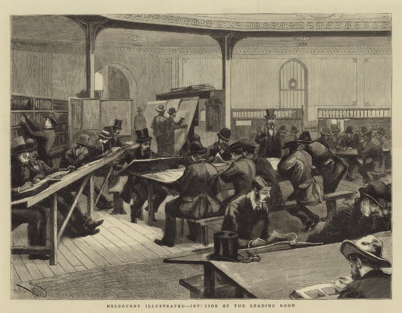 Melbourne Illustrated, lukusalin sisätilat tekijältä Frederic Villiers