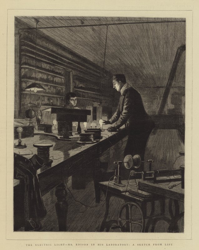 Sähkövalo, herra Edison laboratoriossa, luonnos elämästä tekijältä Frederic Villiers