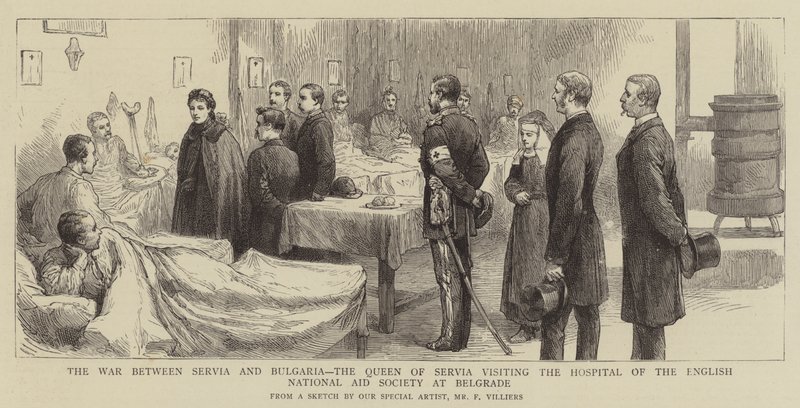 Serbian ja Bulgarian välinen sota, Servian kuningatar vierailee Englannin kansallisen avustusyhdistyksen sairaalassa Belgradissa tekijältä Frederic Villiers