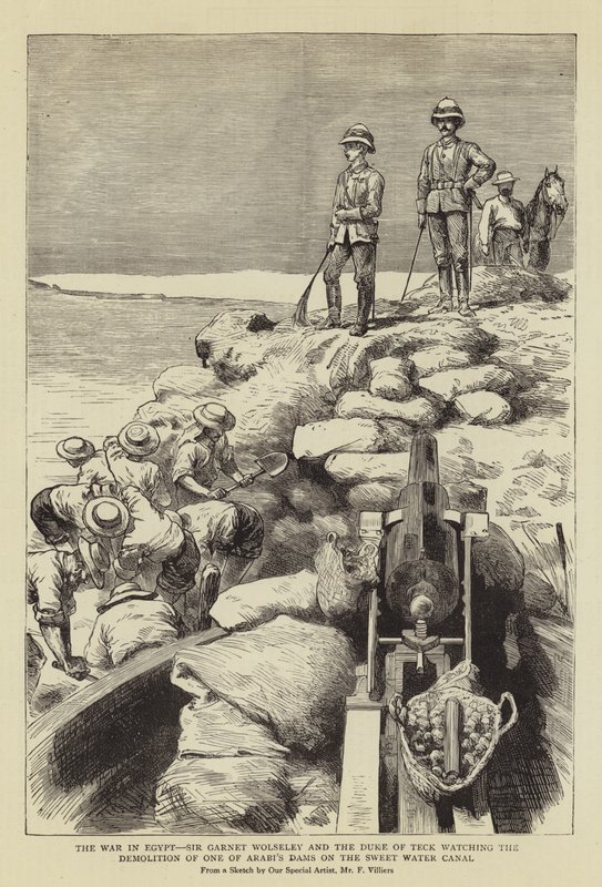 Egyptin sota, Sir Garnet Wolseley ja Teckin herttua katsomassa yhden Arabin padon purkamista Sweet Water -kanavalla tekijältä Frederic Villiers