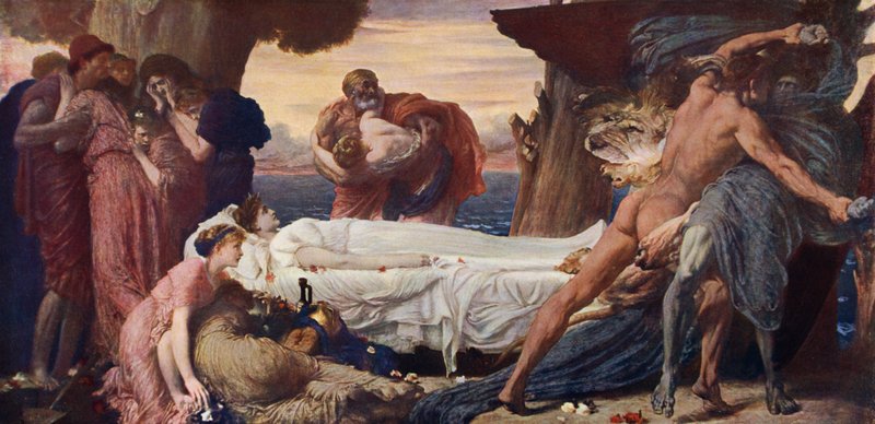 Hercules painii kuoleman kanssa Alcestiksen ruumiista (väri litho) tekijältä Frederic (after) Leighton