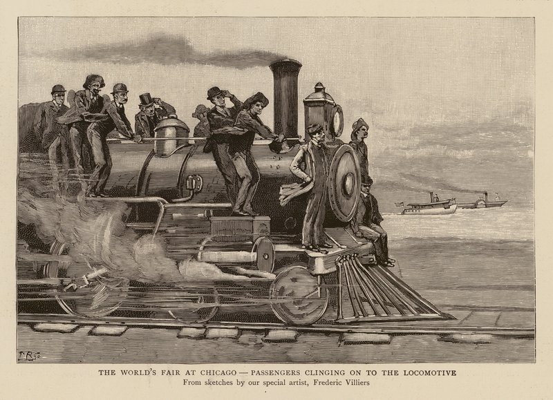 Matkustajat takertuvat veturiin maailmannäyttelyssä Chicagossa (kaiverrus). tekijältä Frederic (after) Villiers