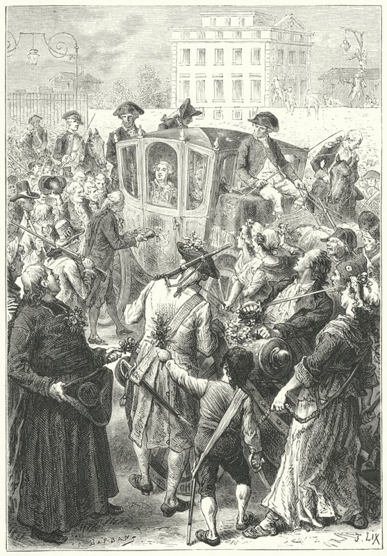 Ludvig XVI toi Pariisiin sen jälkeen, kun väkijoukko hyökkäsi Versaillesin palatsiin tekijältä Frederic Theodore (after) Lix