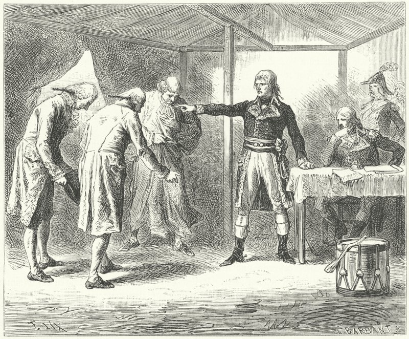 Napoleon erotti venetsialaisen valtuuskunnan ranskalaisten Venetsian ja Veronan joukkomurhien jälkeen tekijältä Frederic Theodore (after) Lix