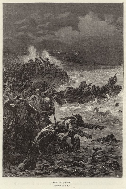 Quiberonin taistelu. Chouannerien ja Vendee-kapinan kannattajat yrittävät paeta republikaanijoukkoja Quiberonissa, Ranskassa, Ranskan vallankumouksessa tekijältä Frederic Theodore Lix