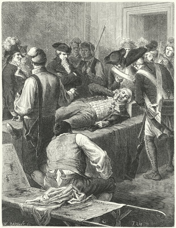 Haavoittunut Maximilien Robespierre yleisen turvallisuuden komiteassa odottamassa teloitustaan, 1794 tekijältä Frederic Theodore Lix
