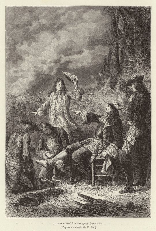 Villars siunaa Malplaquetia. Claude Louis Hector de Villars, Ranskan marsalkka, haavoittui Malplaquetin taistelussa, Espanjan peräkkäissodassa tekijältä Frederic Theodore Lix