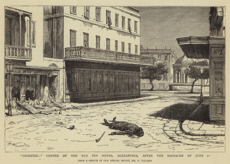Deserted, Rue des Soeurs -kadun kulma, Alexandria, 11. kesäkuuta tapahtuneen joukkomurhan jälkeen tekijältä Frederic Villiers
