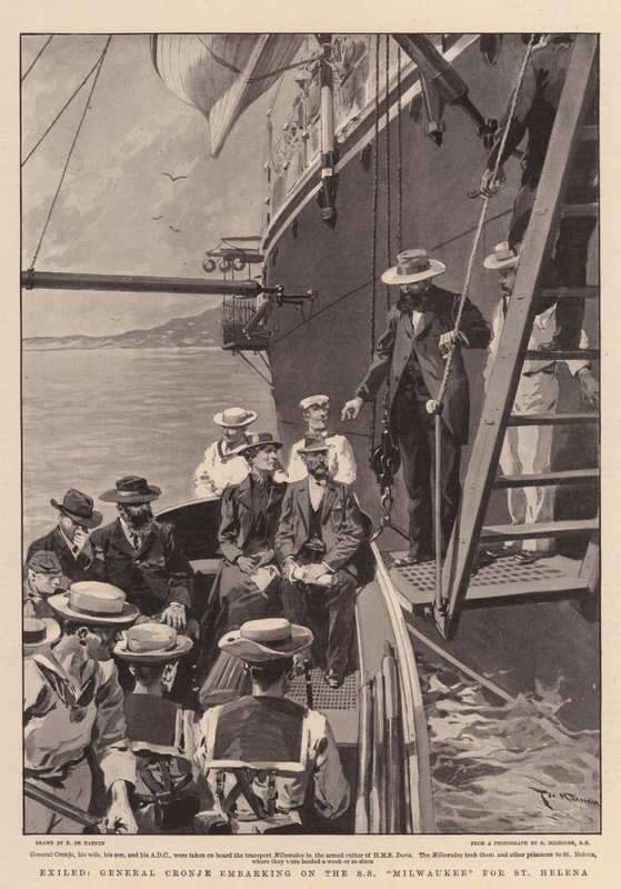 Karkotettu, kenraali Cronje lähdössä SS Milwaukeelle St Helenan luokse tekijältä Frederic de Haenen