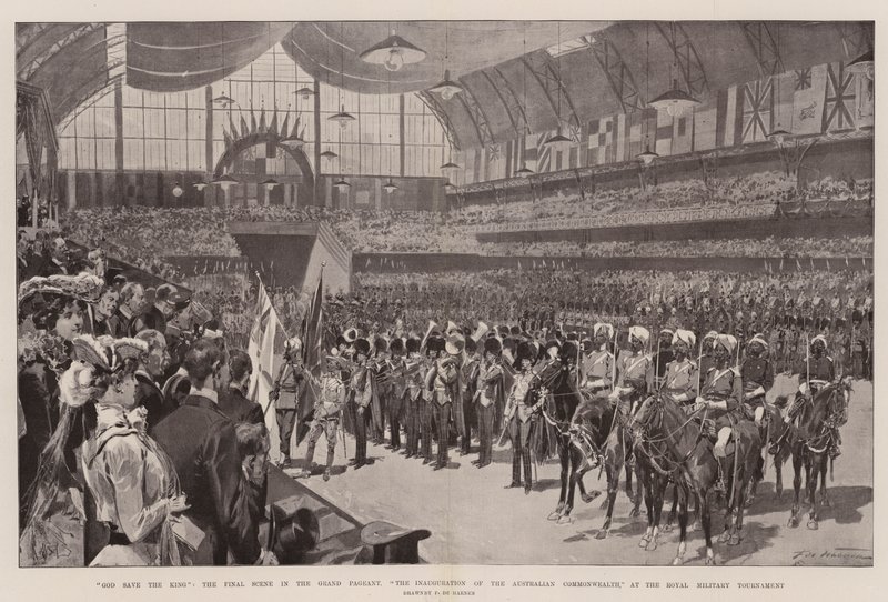 Jumala pelasta kuningasta, viimeinen kohtaus suuressa näytelmässä, Australian kansainyhteisön avajaisissa Royal Military Tournamentissa tekijältä Frederic de Haenen