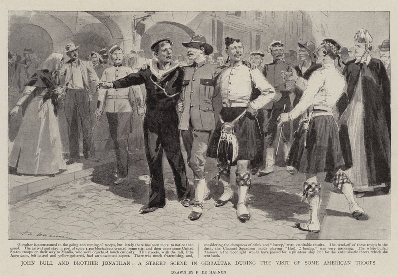 John Bull ja veli Jonathan, katukohtaus Gibraltarilla joidenkin amerikkalaisten joukkojen vierailun aikana tekijältä Frederic de Haenen