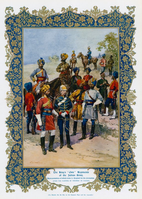 Kuningas George V:n Omat Intian armeijan rykmentit (väri litho) tekijältä Frederic de Haenen