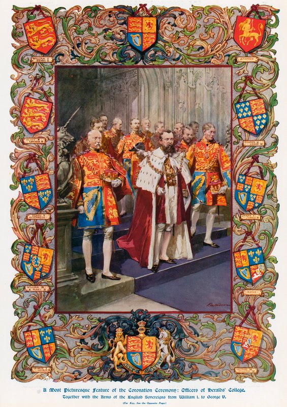 Heralds Collegen upseerit yhdessä Englannin suvereenien armojen kanssa kuningas Vilhelm I:stä kuningas George V:hen (värilitho) tekijältä Frederic de Haenen