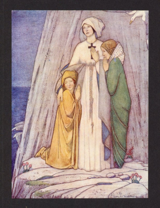 Pyhä Etheldreda, 8. vuosisata, juhlapäivä 23. kesäkuuta (värilitografia). tekijältä Frederick Cayley Robinson