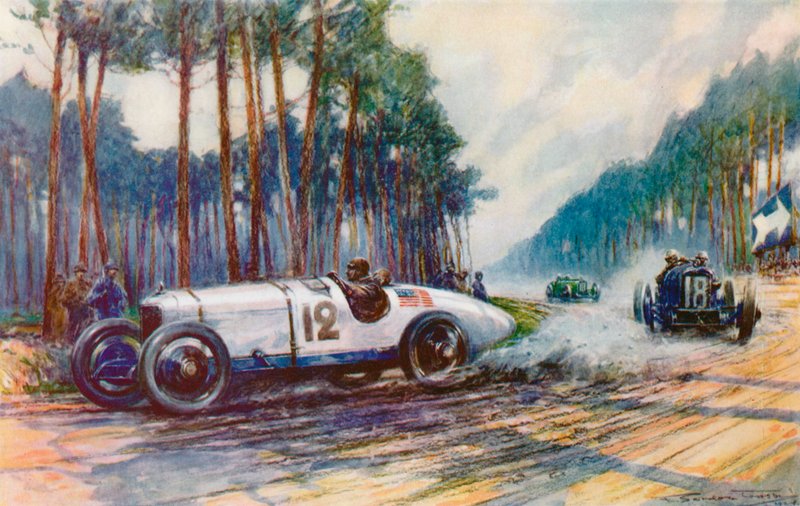 Amerikan ensimmäinen menestys Grand Prix -kilpailussa tapahtui, kun Jimmy Murphyn Duesenberg menestyi Le Mansissa vuonna 1921 (värilitho) tekijältä Frederick Gordon (after) Crosby