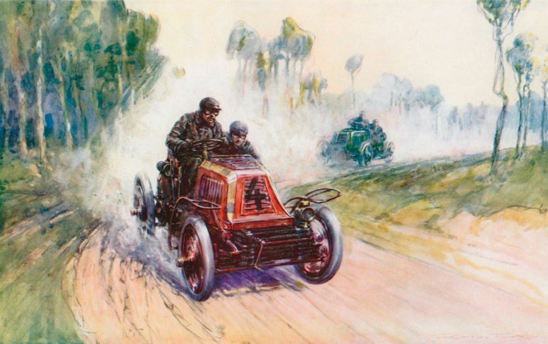 Fournier Mors nro 4:n kanssa Pariisin ja Berliinin välisessä kilpailussa vuonna 1901, yksi harvoista, joissa päivän johtava merkki Panhard lyötiin (väri litho) tekijältä Frederick Gordon (after) Crosby