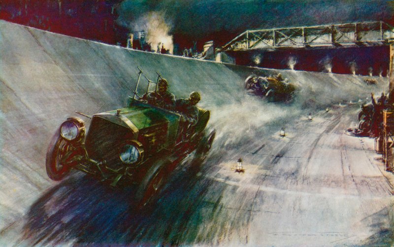 Vuonna 1907 S F Edge, joka ajoi Napierilla yksinään, onnistui pitämään 60 mph 24 tunnin ajan, mikä oli ensimmäinen ennätys uudella Brooklandsin radalla (väri litho) tekijältä Frederick Gordon (after) Crosby