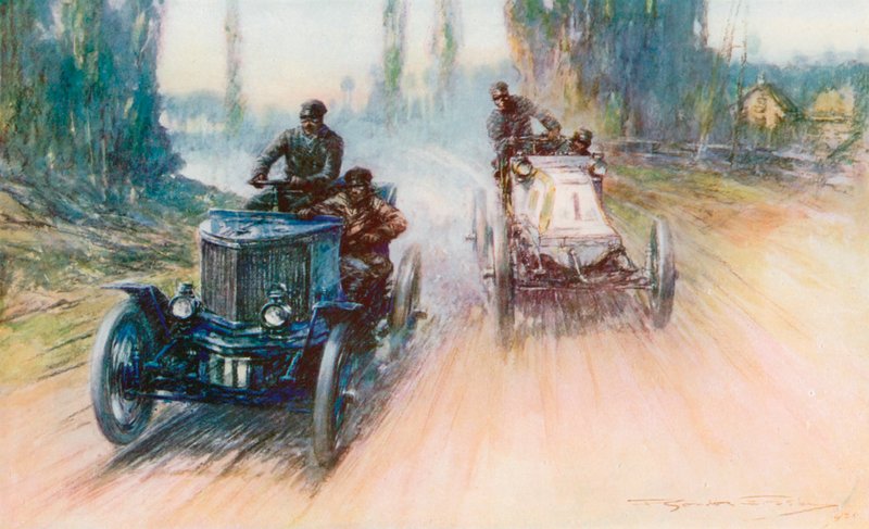 Vuoden 1898 Pariisi-Amsterdam-kisassa Charronin valkoinen Panhard varustettiin ensimmäistä kertaa kilpailuhistoriassa ohjauspyörän sijaan ohjauspyörällä (värilitho) tekijältä Frederick Gordon (after) Crosby
