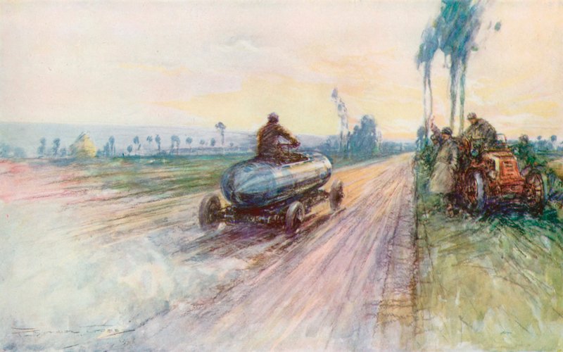 Jenatzyn Jamais Contente rikkoi maailman nopeusennätyksen vuonna 1899 (väri litho) tekijältä Frederick Gordon (after) Crosby