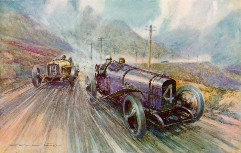 K Lee Guinness Sunbeamin kanssa kaksipäiväisessä 600 mailin Tourist Trophy -kilpailussa Mansaarella, jonka hän voitti nopeudella 56,44 mph (värilitho) tekijältä Frederick Gordon (after) Crosby