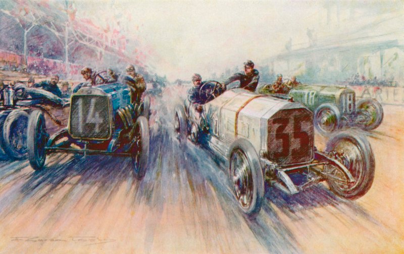 Lautenschlager valkoinen Mercedes vuoden 1908 Grand Prixissä, kilpailussa, jossa renkaita kulutettiin valtavia määriä (väri litho) tekijältä Frederick Gordon (after) Crosby