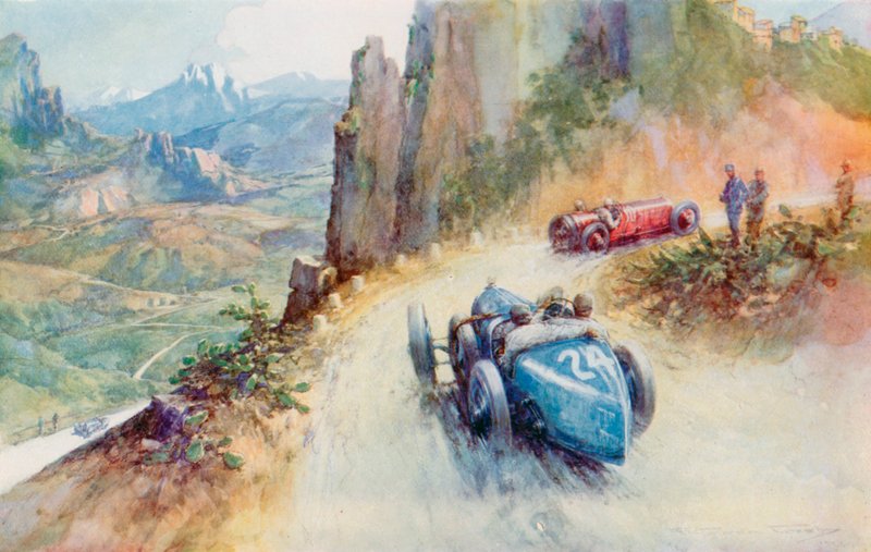 Materassin 2-litrainen ahdettu Bugatti ohittaa Maseratin vuoden 1927 Targa Florion mutkaisella radalla (värilitho) tekijältä Frederick Gordon (after) Crosby