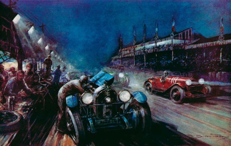 Yksi menestyneistä Lorraine-Dietrich-autoista, joka täyttää varikolla yöajon aikana Le Mansin 24 tunnin kilpailussa (värilitho) tekijältä Frederick Gordon (after) Crosby