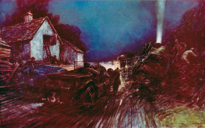 Historiallinen onnettomuus Valkoisen talon kulmassa Le Mansin 24 tunnin kilpailussa. Tämän törmäyksen jälkeen yksi vaurioitunut Bentley jatkoi voittoaan (väri litho) tekijältä Frederick Gordon (after) Crosby