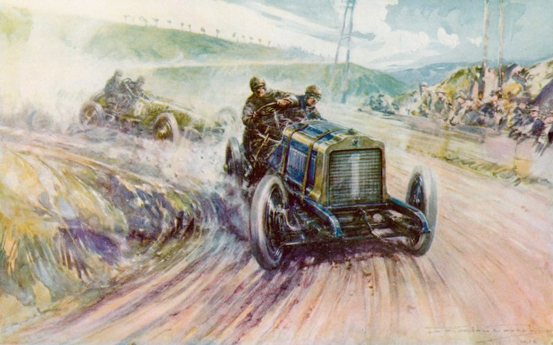 Siellä Richard-Brasier voitti vuoden 1905 Gordon Bennett -kilpailun Ranskalle (värilitho) tekijältä Frederick Gordon (after) Crosby