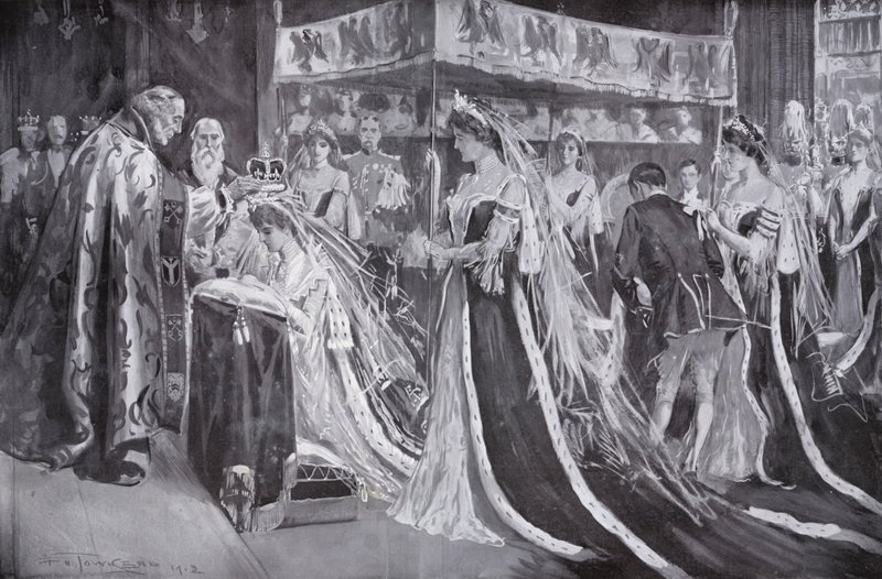 Yorkin arkkipiispa kruunasi kuningatar Alexandran, kuningas Edward VII:n puolison, Westminster Abbey, Lontoo tekijältä Frederick Henry Townsend