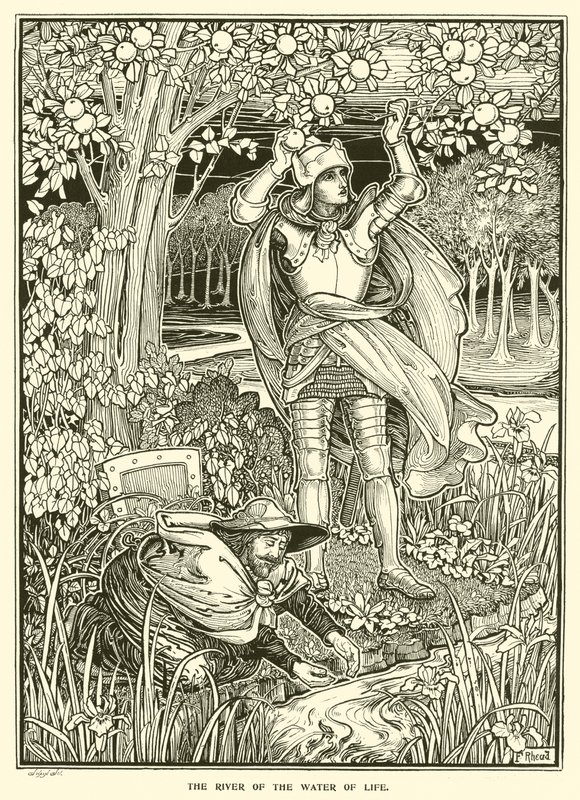 Elämän veden joki (kaiverrus) tekijältä Frederick Hurten Rhead