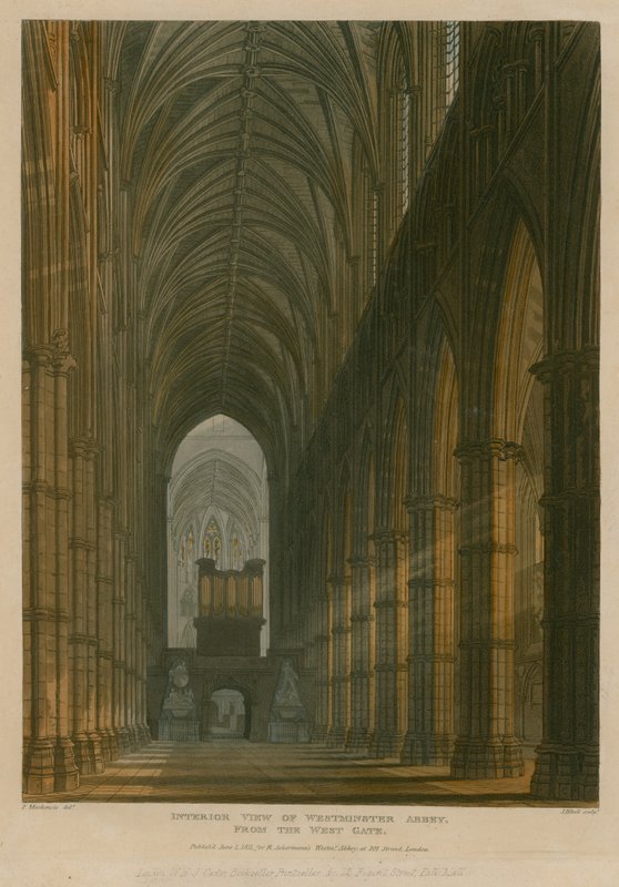 Sisäkuva Westminster Abbeysta Lontoossa West Gatesta tekijältä Frederick Mackenzie