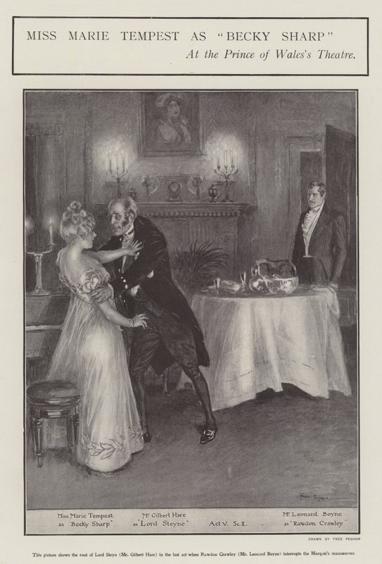 Miss Marie Tempest Becky Sharpin roolissa Prince of Walesin teatterissa Lontoossa (litho) tekijältä Frederick Pegram