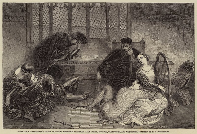 Kohtaus Shakespearen Henrik IV:stä, Lady Mortimer, Mortimer, Lady Percy, Hotspur, Glendower, ja Worcester tekijältä Frederick Richard Pickersgill