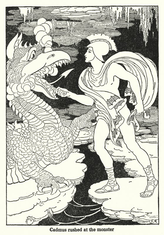 Cadmus ryntäsi hirviötä kohti (litografia) tekijältä Frederick Richardson